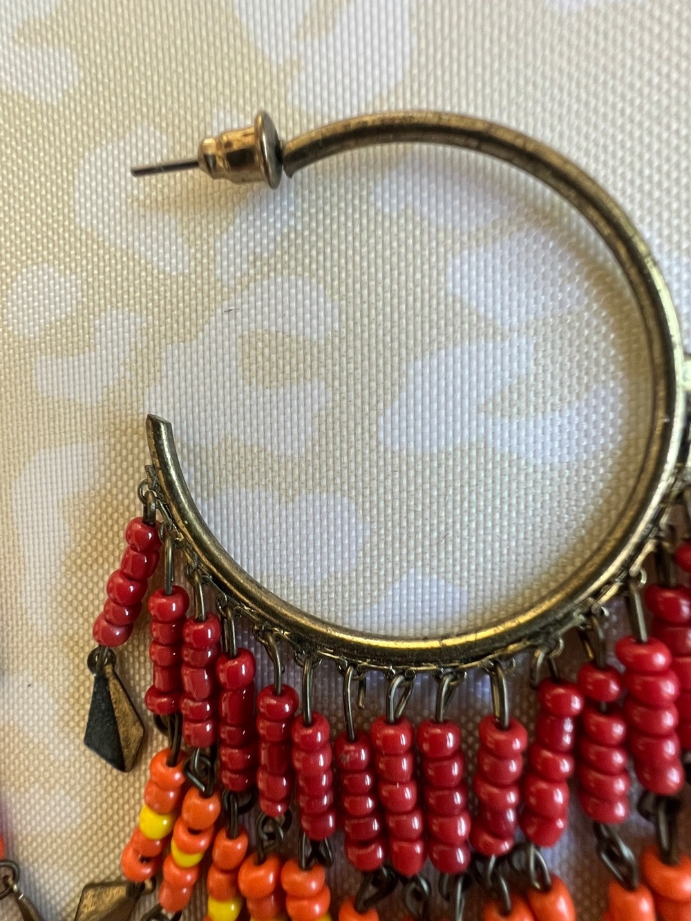 Boho Beaded Fringe Hoop Earrings — Red & Orange 4 inch - Picture 5 of 8